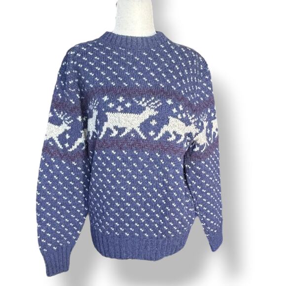 Vintage Blue Reindeer Wool Sweater Fair Isle Blue Knit Nordic Cottagecore Large - Picture 8 of 8